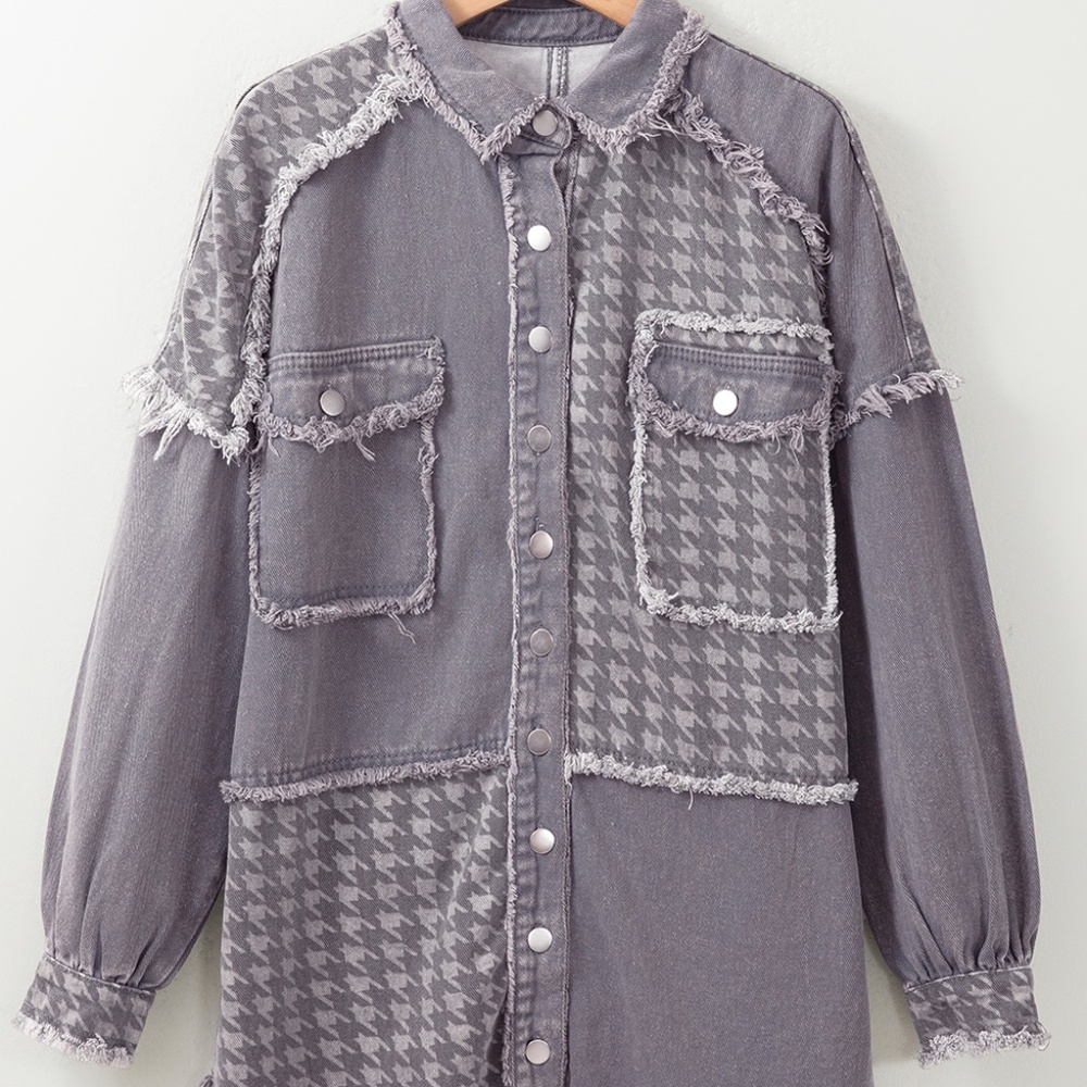 B098 Medium Grey Retro Distressed Houndstooth Patchwork Denim Jacket - Picture 1 of 3
